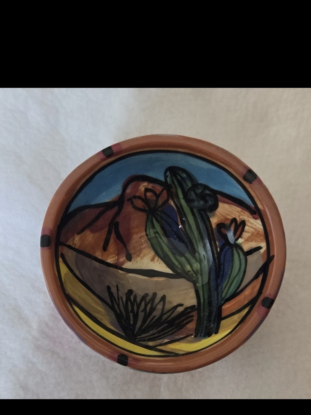 Hand-Painted Desert Cactus Ceramic Bowl - Green & Terracotta